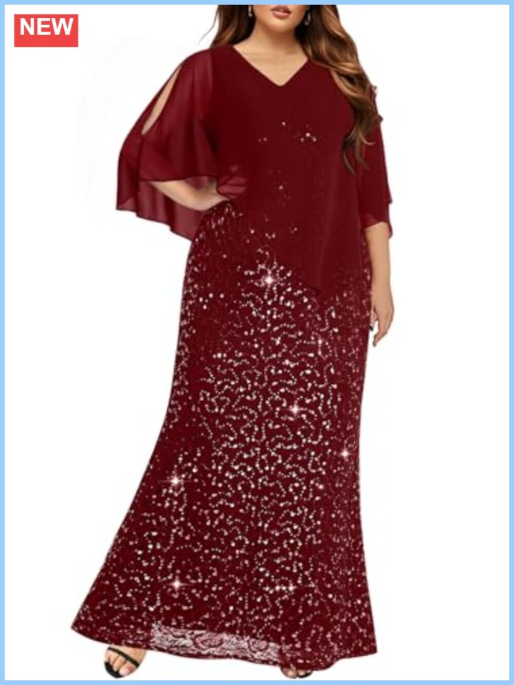 Plus Size Formal Evening Dress Chiffon Cape Lace Sequin Mermaid Gown